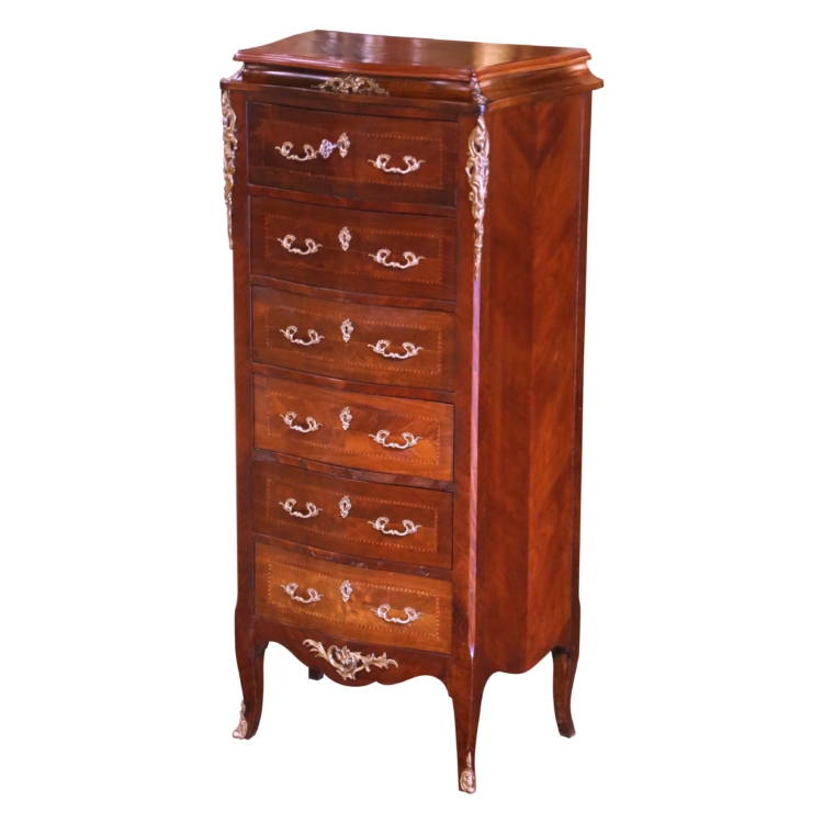 Mid-Century French Louis XV Carved Burl and Rosewood Bombe Six-Drawer Chest