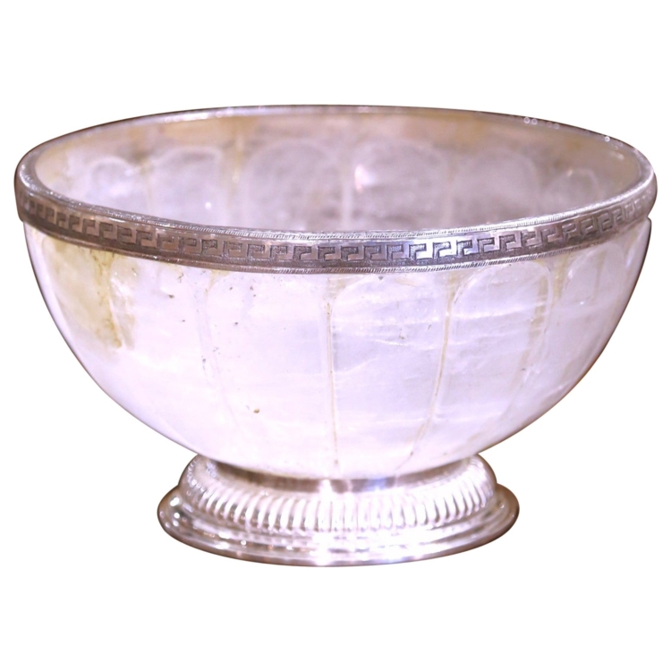 Mid-Century Silver-Mounted Carved Rock Crystal Center Table Bowl or Vide-Poche