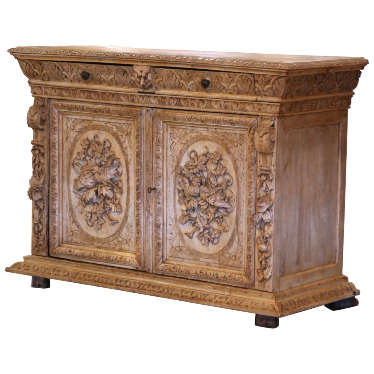 19th Century French Black Forest Carved Bleached Oak Buffet with Love Birds