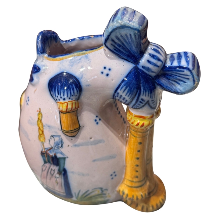 19th Century French Painted Faience Bagpipe Form Vase Signed HR Quimper