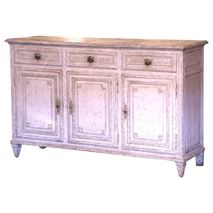 19th Century French Louis XVI Carved Painted Three-Door Buffet with Drawers