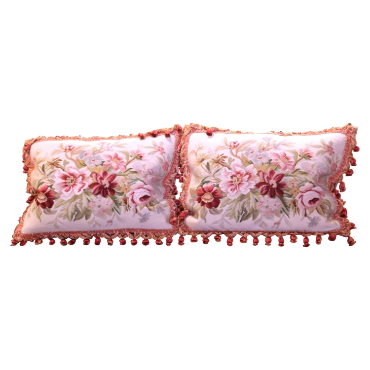 Pair of Pillows with Trim and Tassels Made with 19th Century Aubusson Tapestry