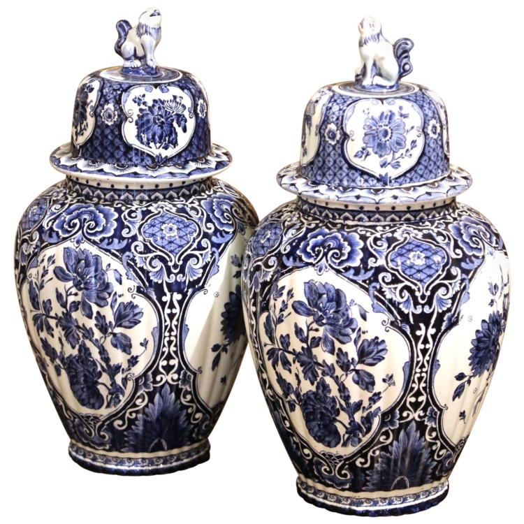 Pair of Mid-20th Century Dutch Painted Blue and White Faience Delft Ginger Jars
