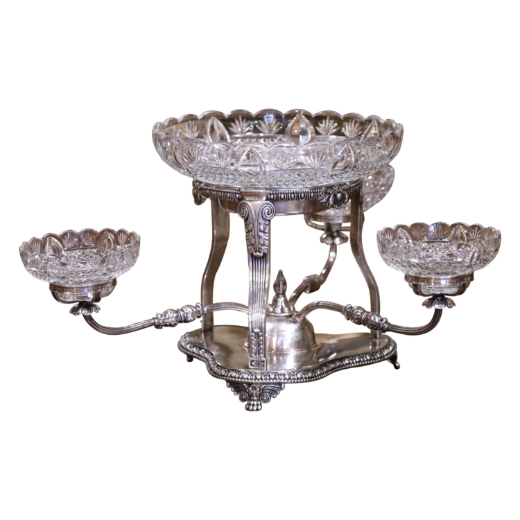 19th Century English George III Style Silvered over Copper and Cut-Glass Epergne