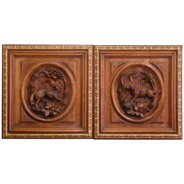 Pair of 19th Century French Hunt-Themed Carved Walnut Panels with Gilt Trim