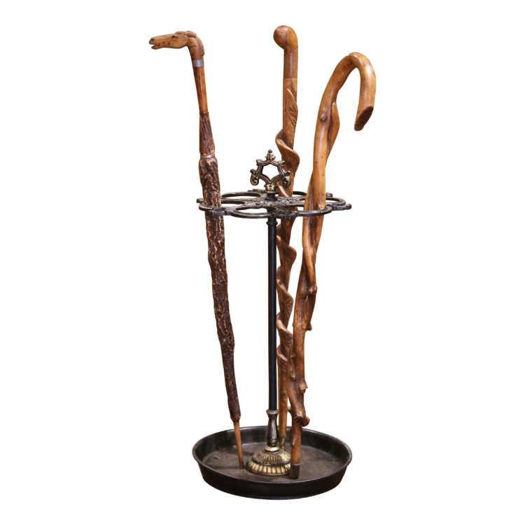 Early 20th Century Gilt Iron French Twelve Cane Holder with Handle and 3 Canes