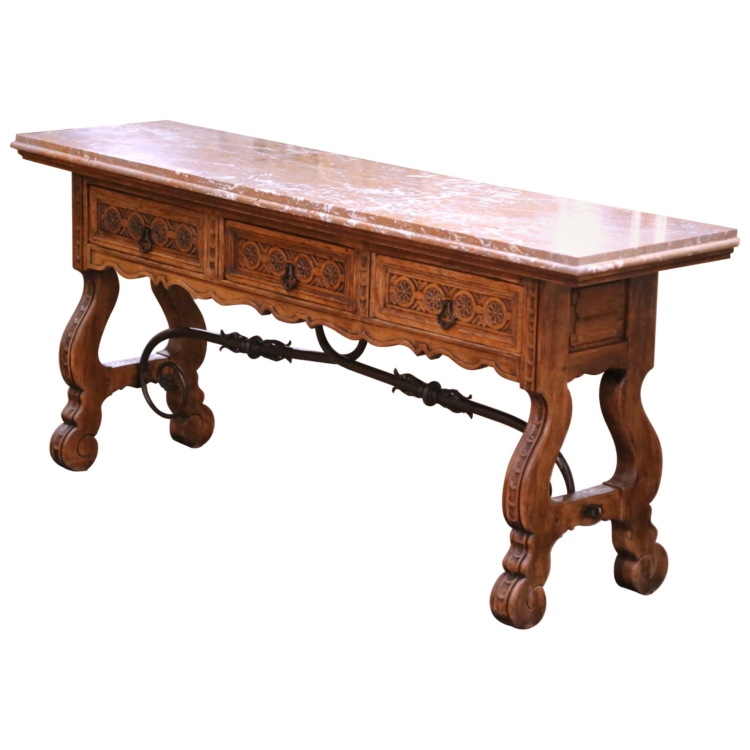 19th Century Spanish Baroque Carved Oak Console with Marble Top and Iron Base