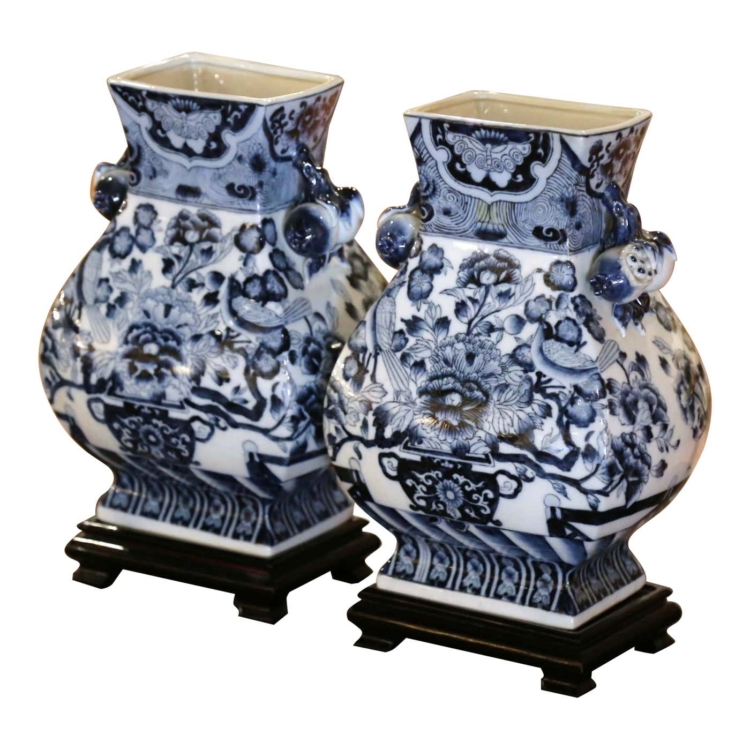 Pair of Late Century Chinese Hand Painted Blue & White Porcelain Vases on Stands
