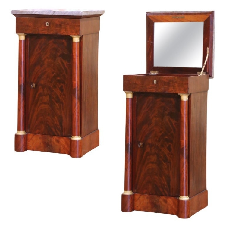19th Century French Empire Marble Top Carved Walnut Vanity Cabinet with Mirror