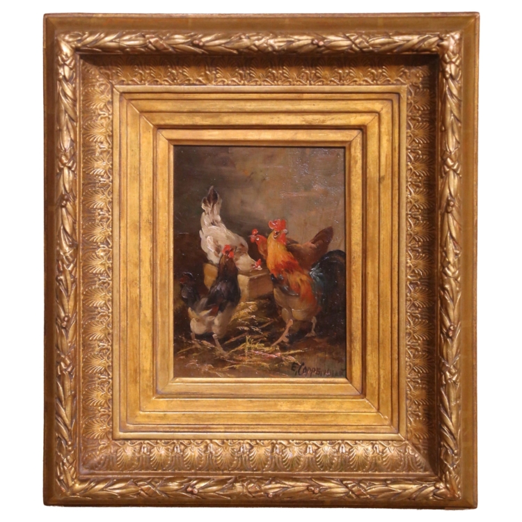 19th Century Oil on Board Chicken Painting in Gilt Frame Signed E. Coppenolle