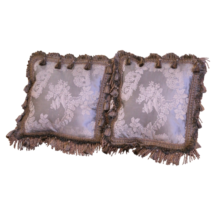 Pair of Decorative Pillows Made with French Antique Embroidered Silk Fabric