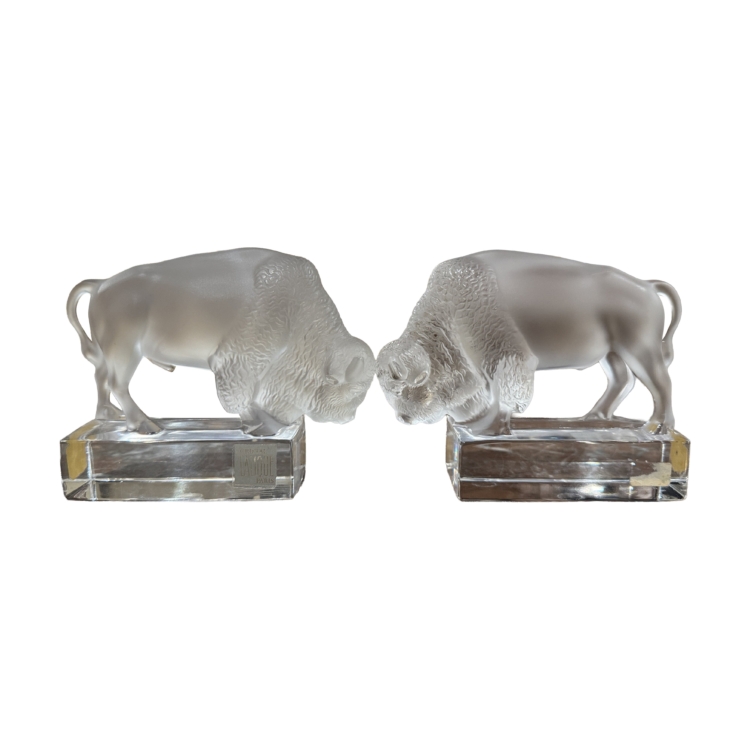 Pair of Vintage French Signed Lalique Frosted Crystal Buffalo Bookends