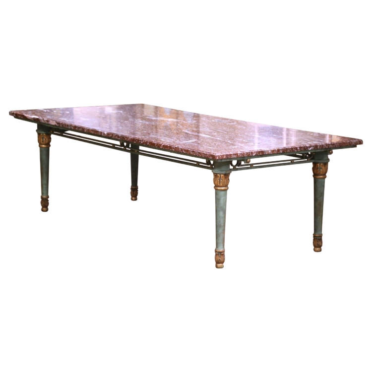 Mid-Century French Iron and Marble Conference Table with Leaf Supports