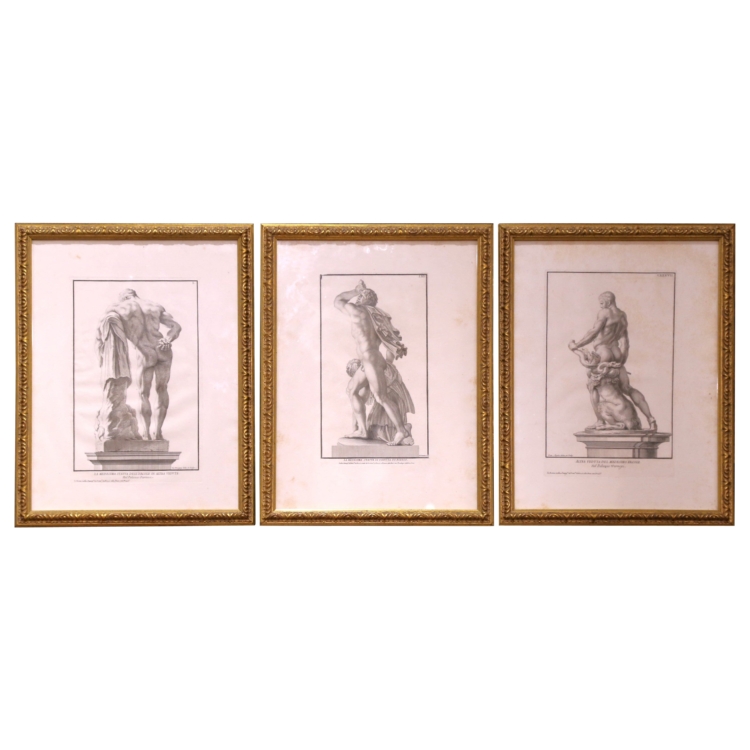 18th Century Italian Framed Neoclassical Hercules Statues Engravings, Set of 3