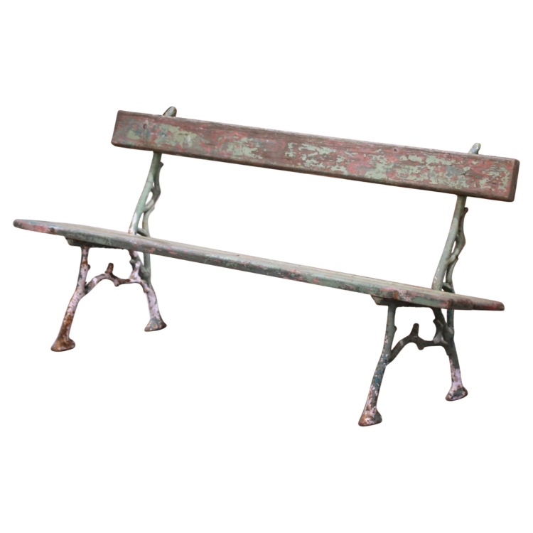 Turn of the Century French Carved Wood and Iron Original Weathered Garden Bench