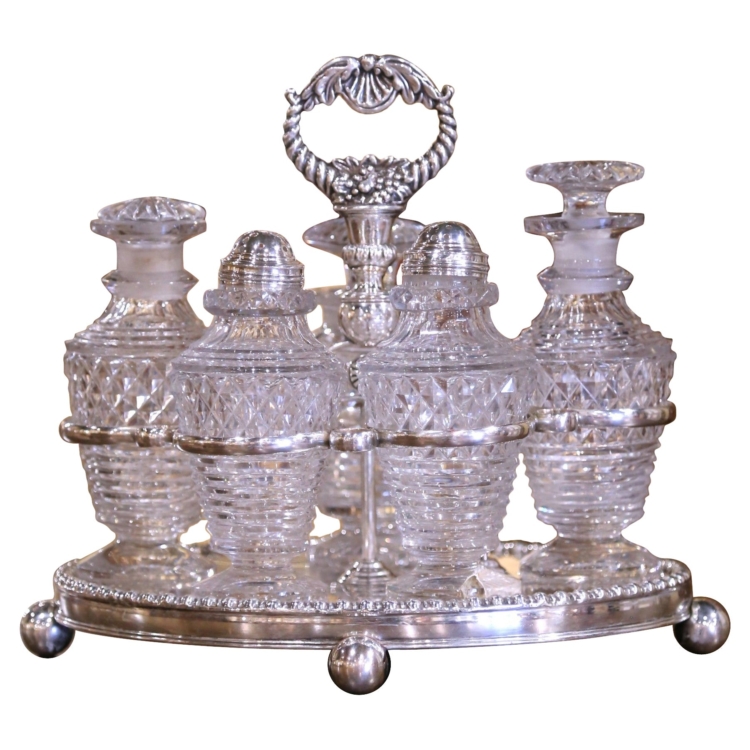 19th Century Victorian English Silver and Crystal Five-Piece Cruet Set