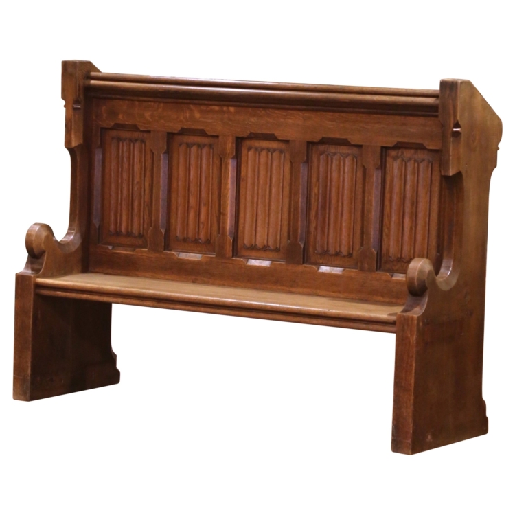 19th Century French Gothic Revival Carved Oak Church Pew Bench