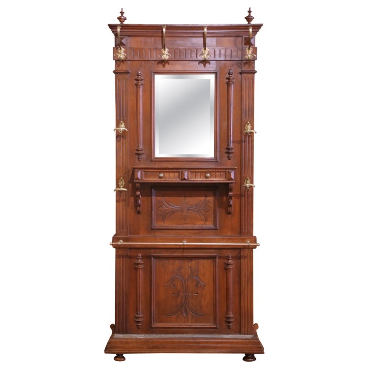 19th Century French Carved Walnut Halltree with Mirror and Brass Hooks