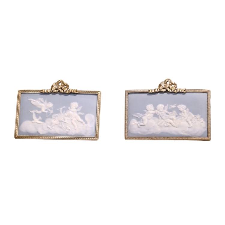 Pair of French Limoges Porcelain Plaques with Bronze Frames, Early 20th Century