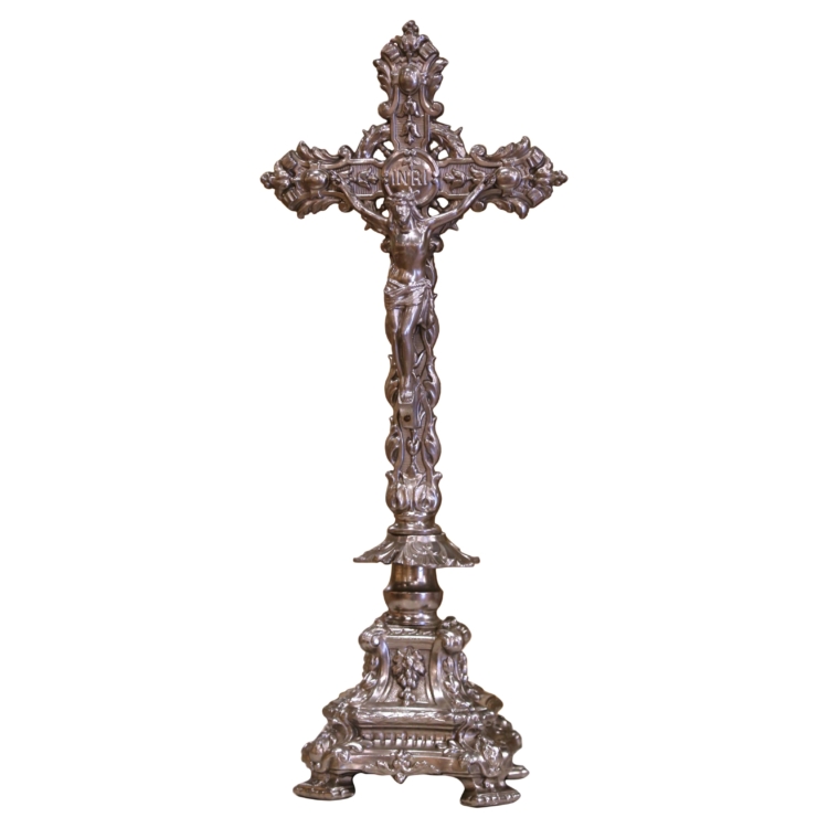 Early 20th Century French Spelter Crucifix with Ornate Base and Foliated Cross