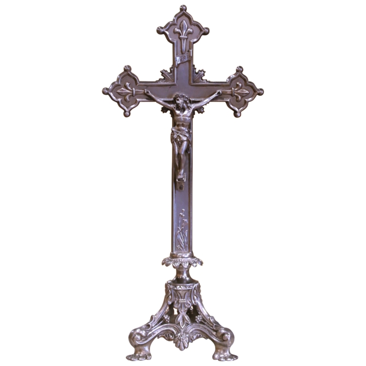 Early 20th Century French Silvered Iron Altar Crucifix with Ornate Lily Base