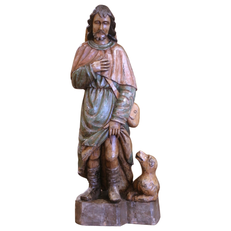 19th Century French Polychrome Carved Wood Statue of Saint Roch