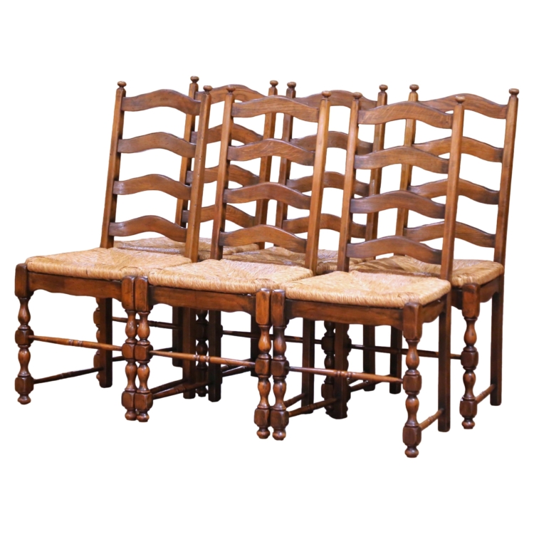 Mid-Century French Provincial Oak Ladder Back Chairs with Rush Seats, Set of 6