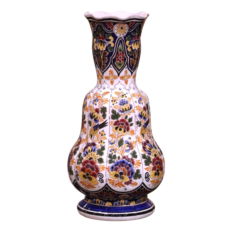 Mid-Century Dutch Hand-Painted Polychrome Faience Vase by RAM Delft