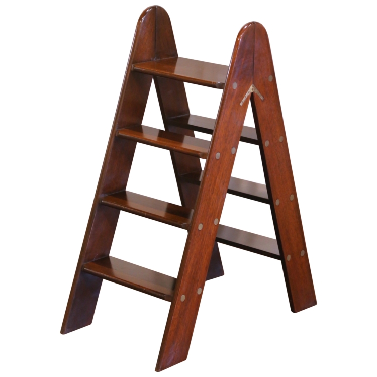 Mid-Century English Mahogany 4-Step Library Folding Ladder with Brass Hinges