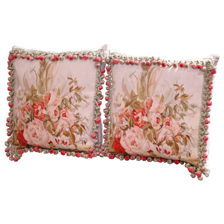 Pair of Pillows with Trim and Tassels Made with 19th Century Aubusson Tapestry
