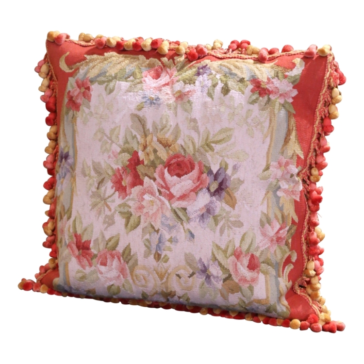 Pillow with Trim and Tassels Made with 19th Century Aubusson Tapestry