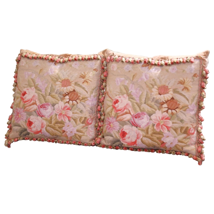 Pair of Pillows with Trim and Tassels Made with 19th Century Aubusson Tapestry