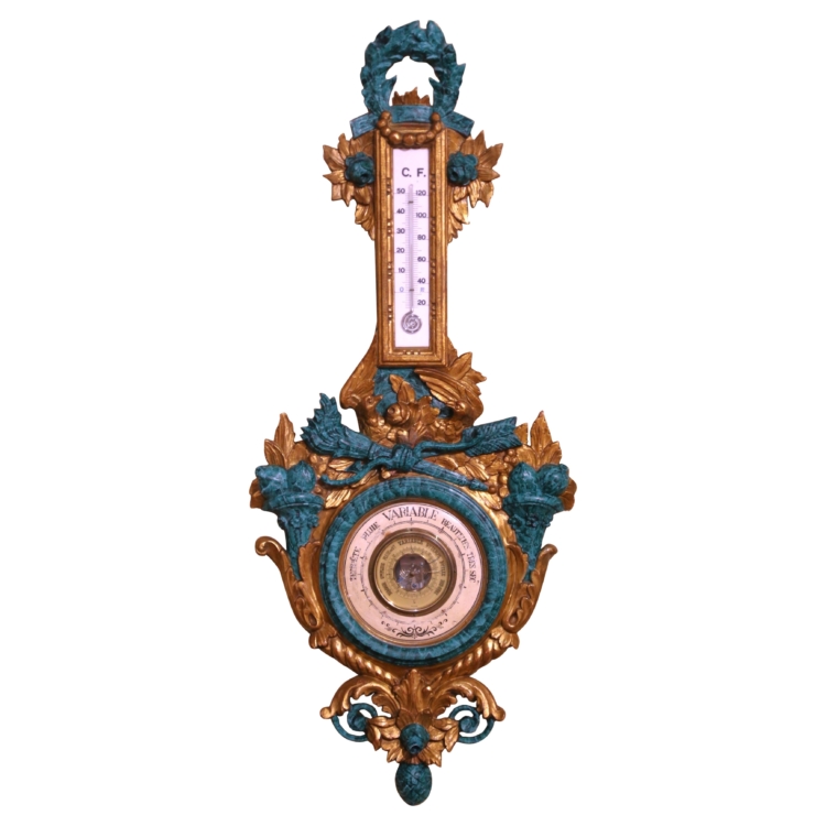 19th Century French Louis XVI Carved Painted and Gilt Barometer Thermometer