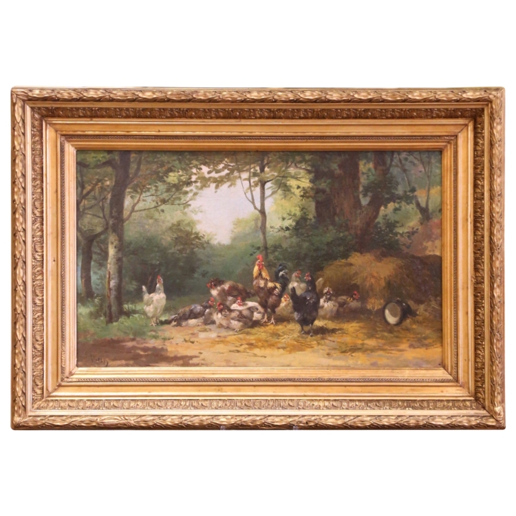 19th Century French Framed Oil on Canvas Farmyard Painting Signed A. Angelvy
