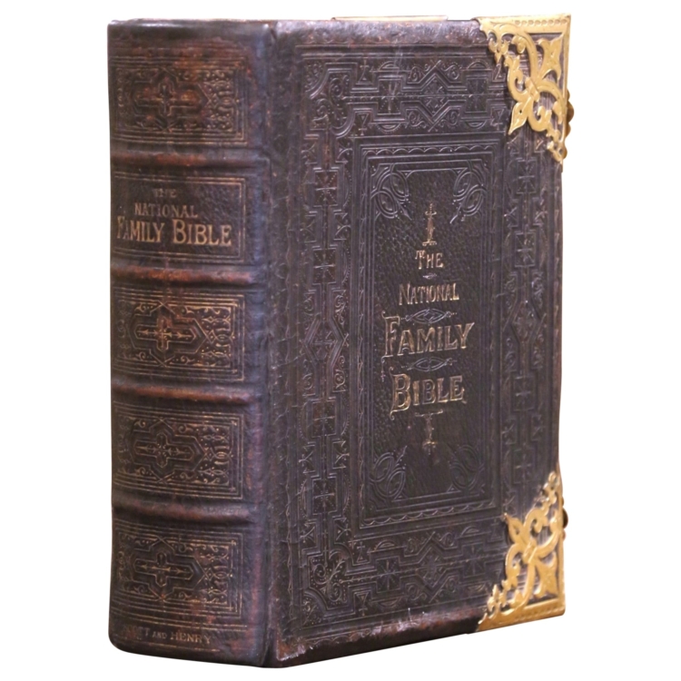 19th Century English Leather Bound Family Bible with Brass Mounts and Clasps