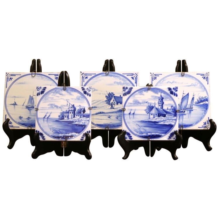 19th Century Set of Five French Blue and White Painted Delft Tiles
