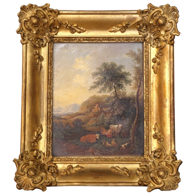 19th C. French Pastoral Landscape Painting on Board with Glass in Gilt Frame
