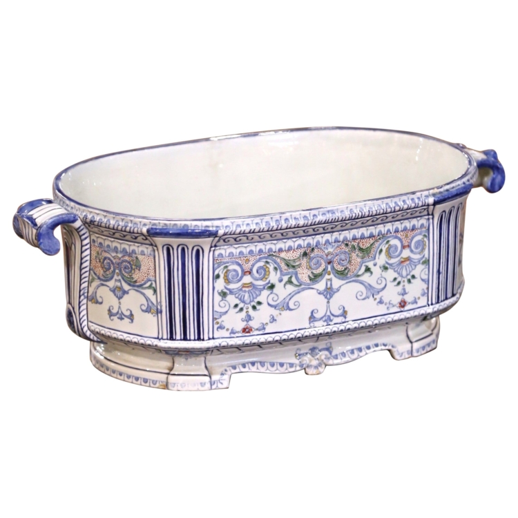 Early 20th C. French Desvres Faience Jardinière with Mask Handles and Scrollwork