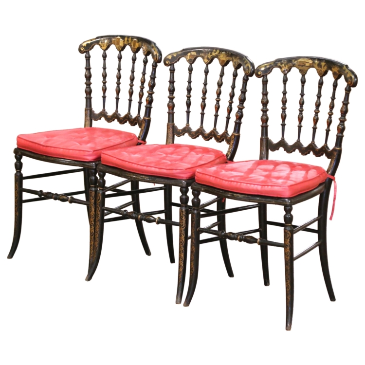 Set of 3 Napoleon III Ebonized Side Chairs with Cane Seats and Gilt Chinoiseries