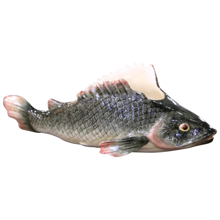 Mid-Century French Painted Barbotine Rainbow Trout Vessel from Fives-Lille