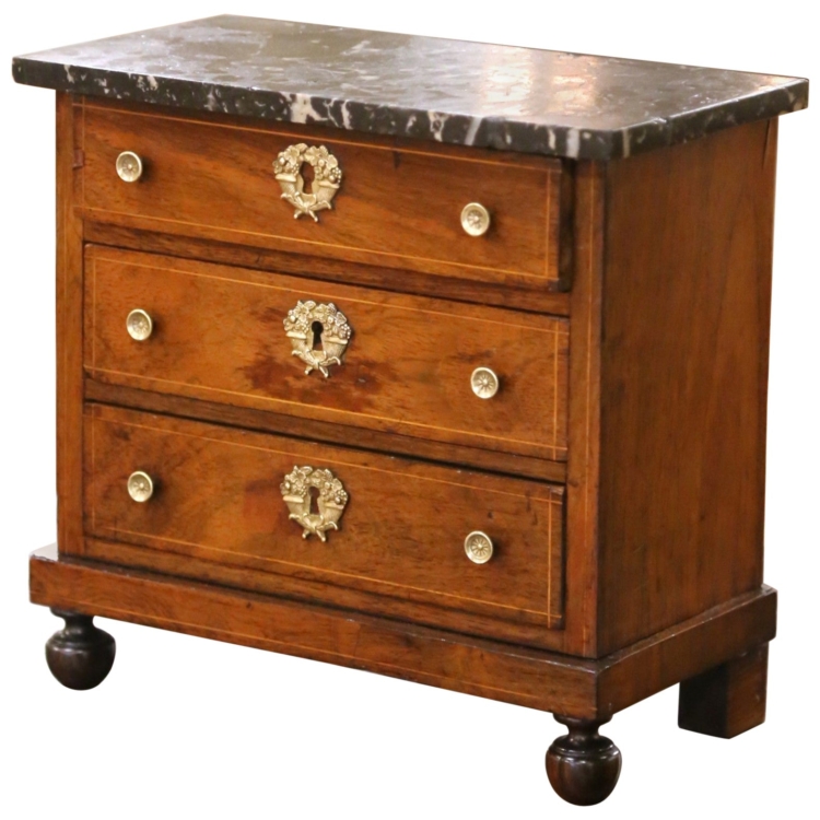 19th C. French Miniature Marble Top Commode with Three Drawers and Ormulu Mounts