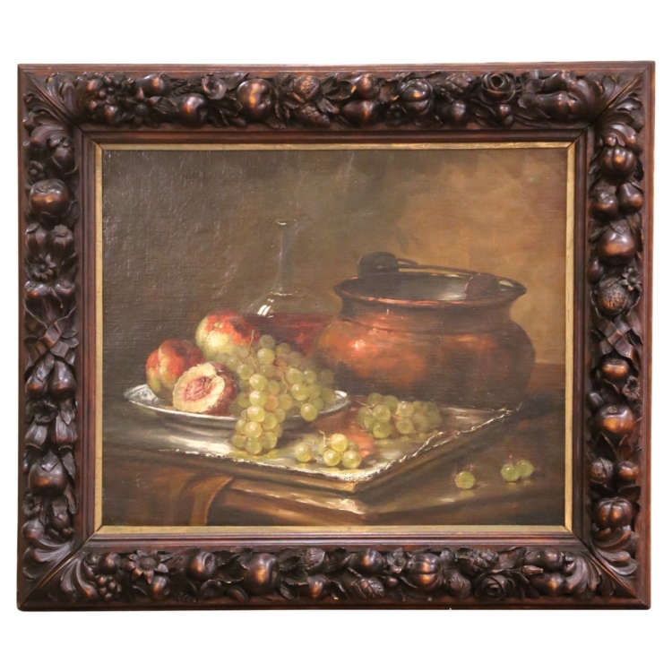 19th Century French Still Life with Fruit and Copper Pot in Carved Walnut Frame