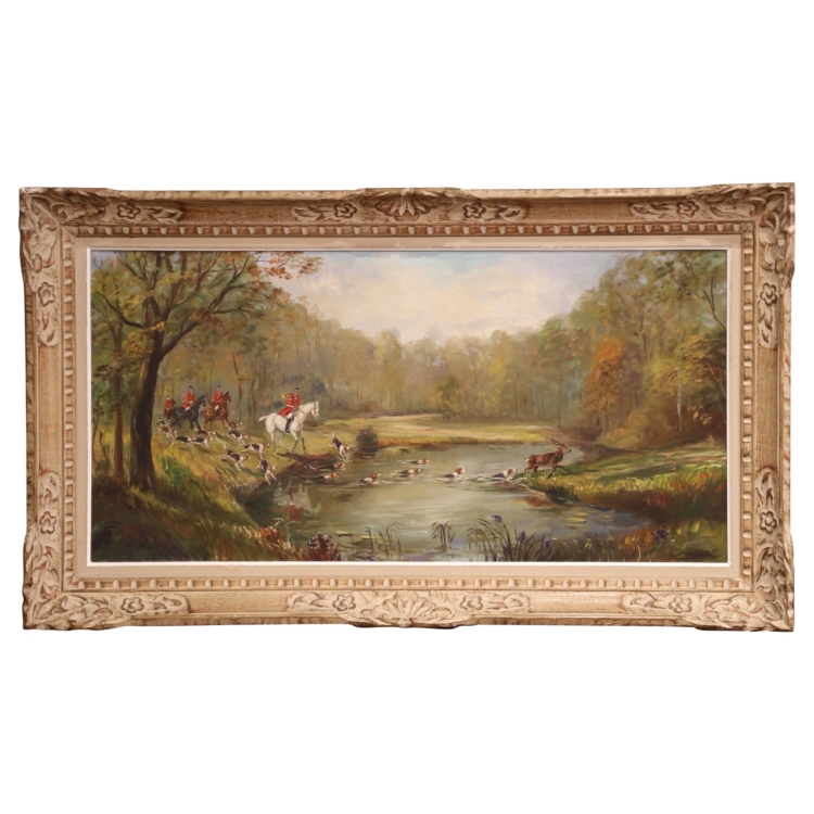 Mid-Century French Stag Hunt Oil Painting in Carved Frame Signed M. Pol