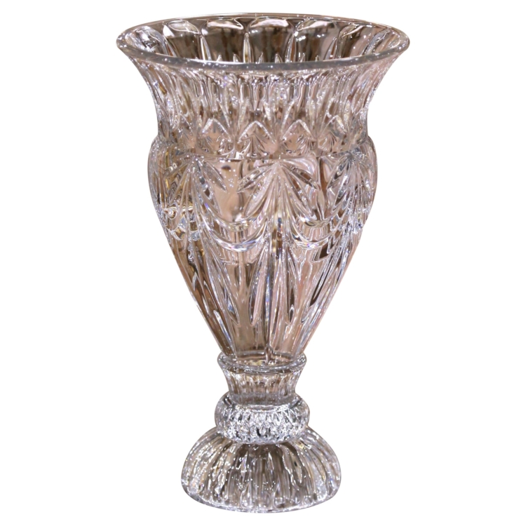 Large Mid-Century French Cut Crystal Vase with Starburst Motif