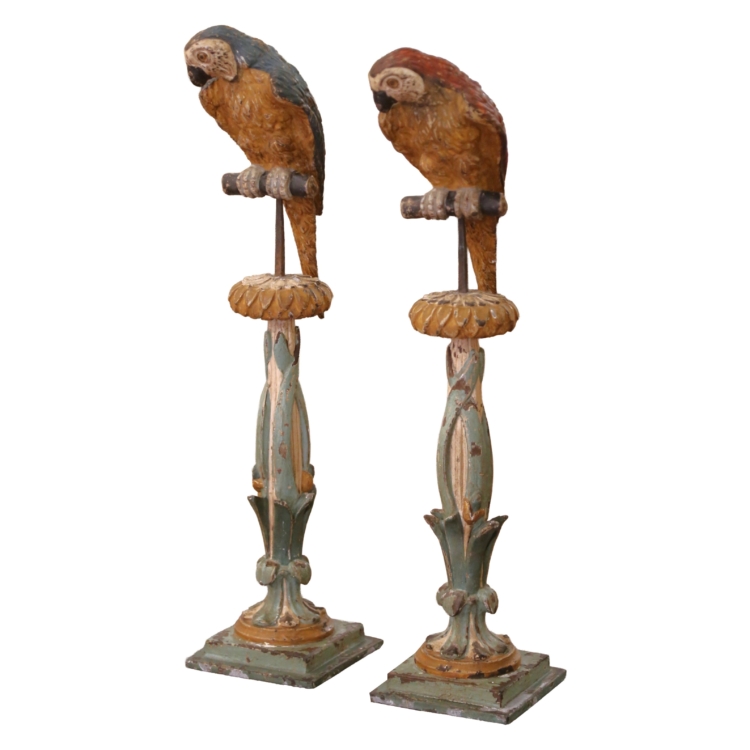 Pair of Mid 19th Century Italian Carved and Painted Parrot Candlestick Stands