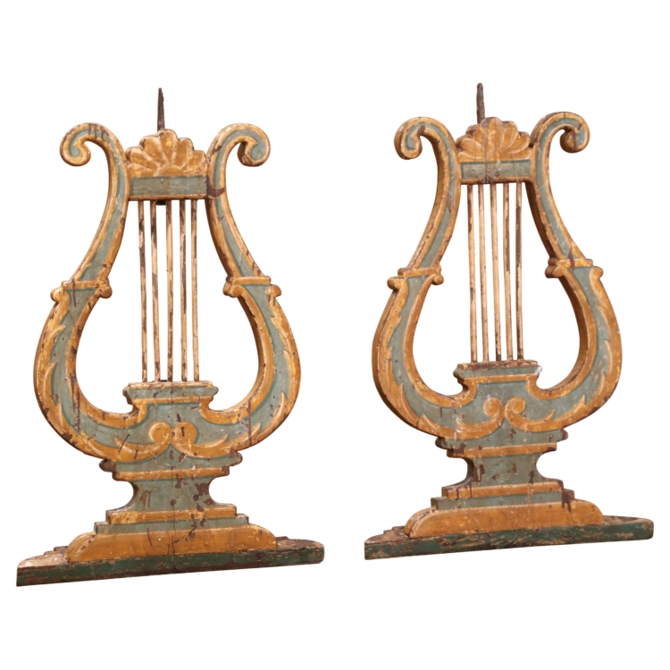 Pair 18th C. Italian Giltwood and Polychrome Lyre-Form Architectural Ornaments
