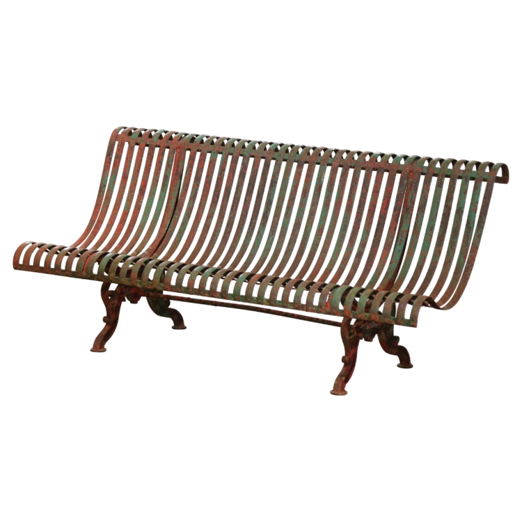 Mid-19th Century French Wrought Iron Garden Bench with Original Painted Patina