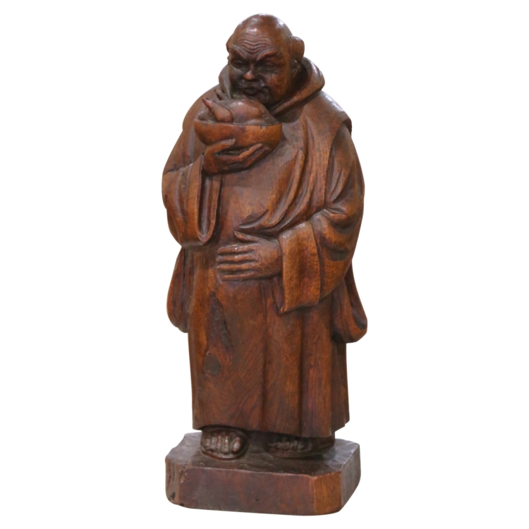 19th C. French Hand Carved Oak Monk Figure in Gothic Style Robe Holding Bowl
