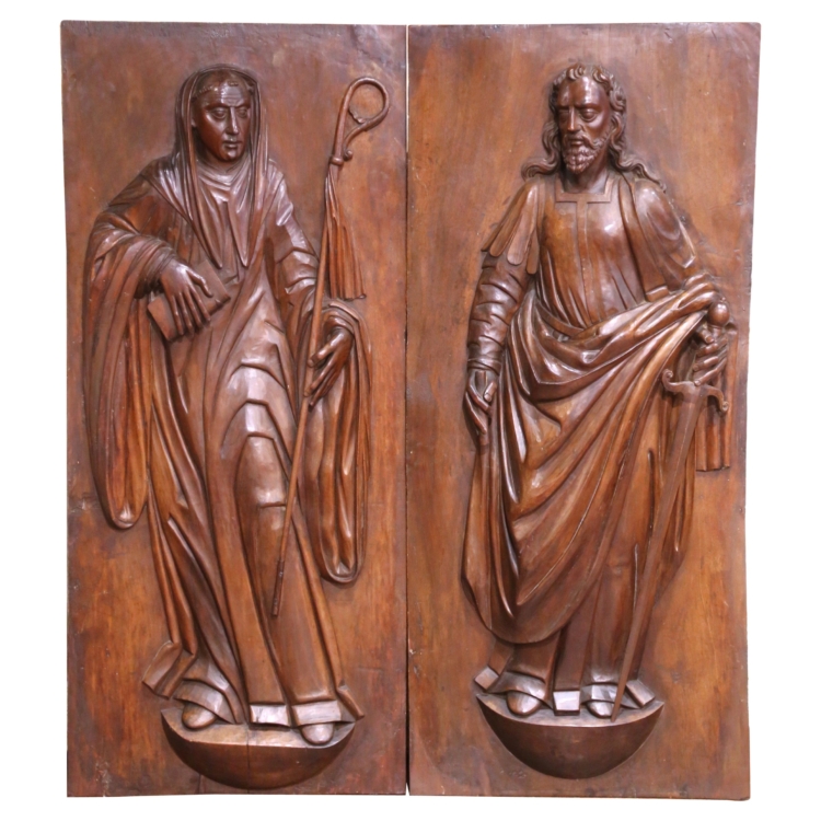Pair of 17th C. French Walnut Panels of Saint Paul and Saint Teresa of Ávila