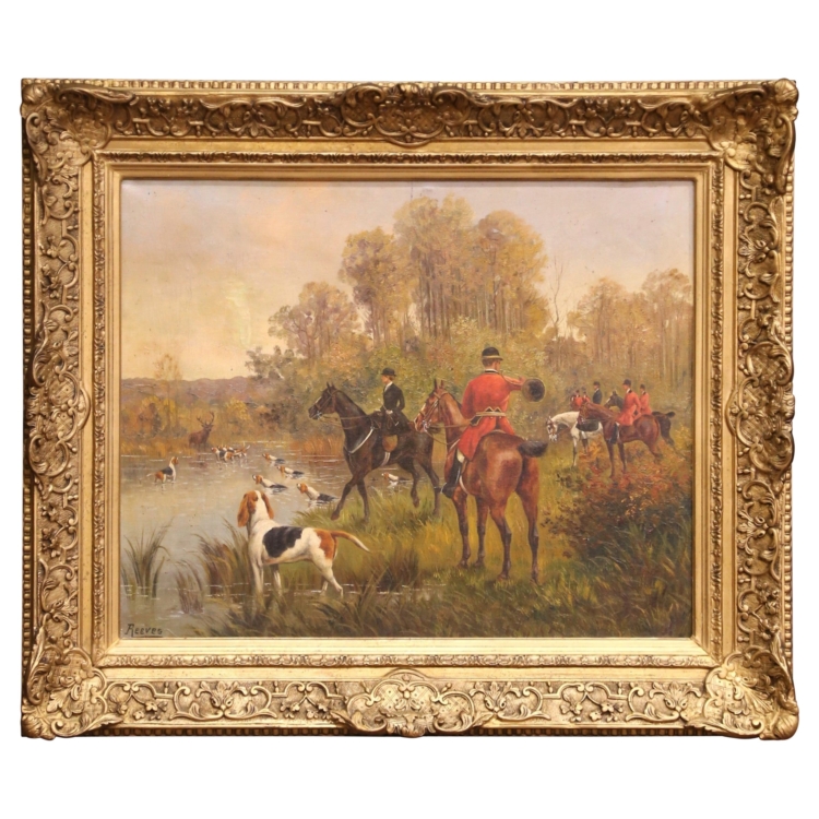 19th C. English Oil on Canvas Equestrian Hunt Scene in Gilt Frame, Signed Reeves